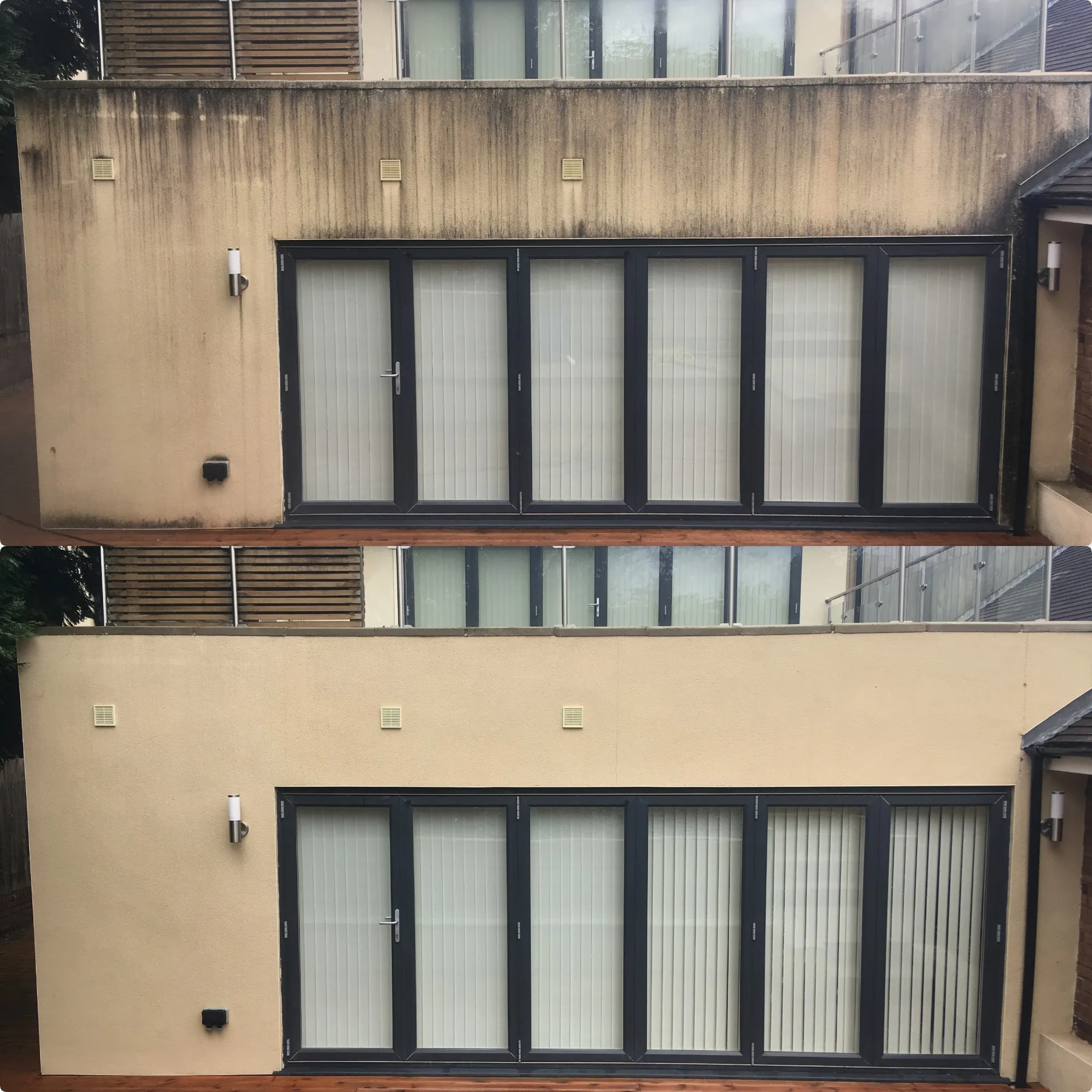 before and after of cleaning black streaks on render